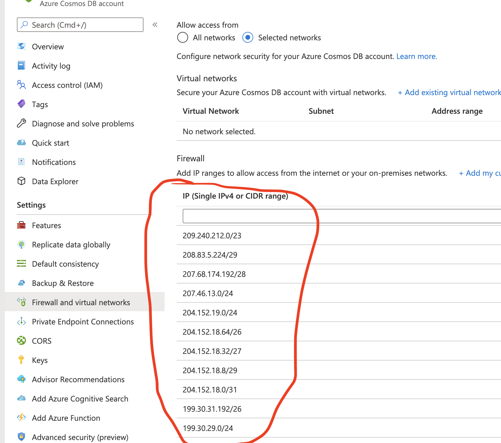 CosmosDB Firewall Settings