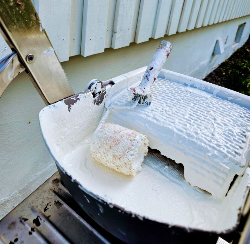 A paint tray on a ladder, roller and sponge thick with white paint, in front of a freshly painted wall