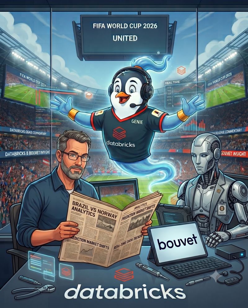 An illustration of a penguin in a Databricks shirt commentating on a World Cup match, alongside a human commentator reading a newspaper and a robot at a Bouvet-branded tablet