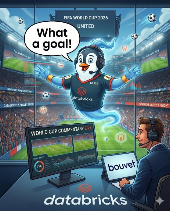 An illustration of a penguin in a Databricks shirt commentating on a World Cup match, with a commentator at a Bouvet-branded screen