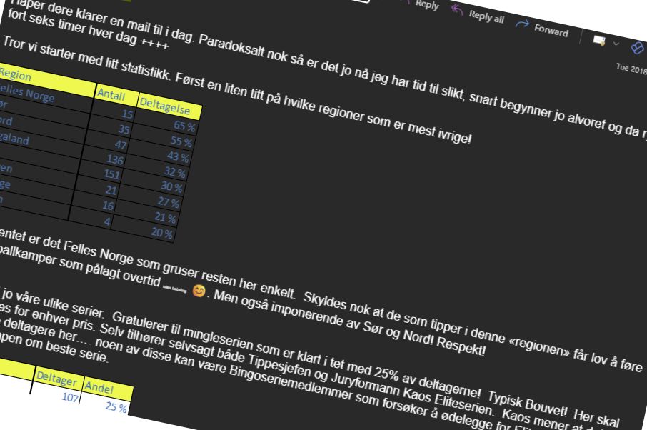 An email from 2018 with Norwegian commentary and Excel tables showing pool participation by region